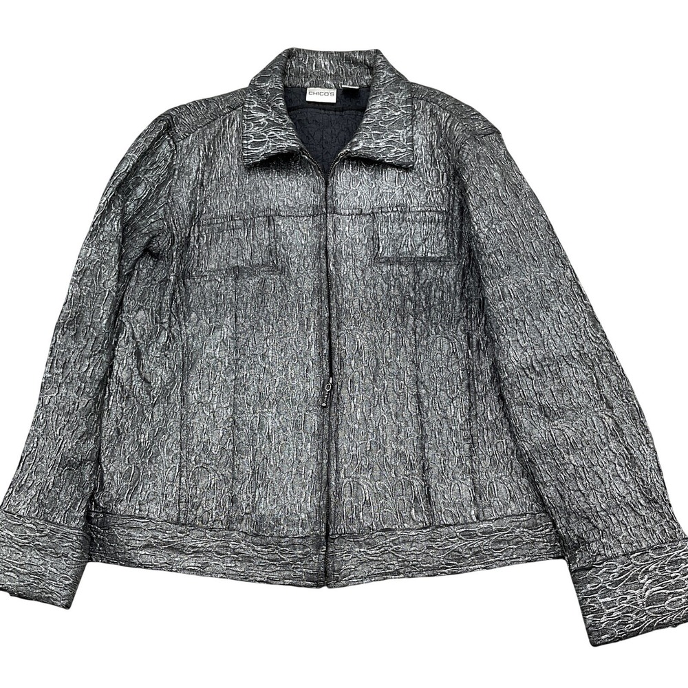 Chicos Jacket Women Large 12 Silver Gray Crinkle Trucker Shimmer Cotton Stretch